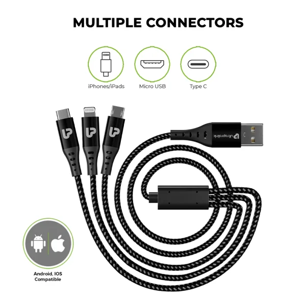 ULTRAPROLINK Trio-Link+ 3 in 1 Cable | QC3.0 18W Fast Charging Cable | 1.5m Long | Durable,Tangle-Free Design | Nylon Braided with Metal Cable | UL1142BLK | Black